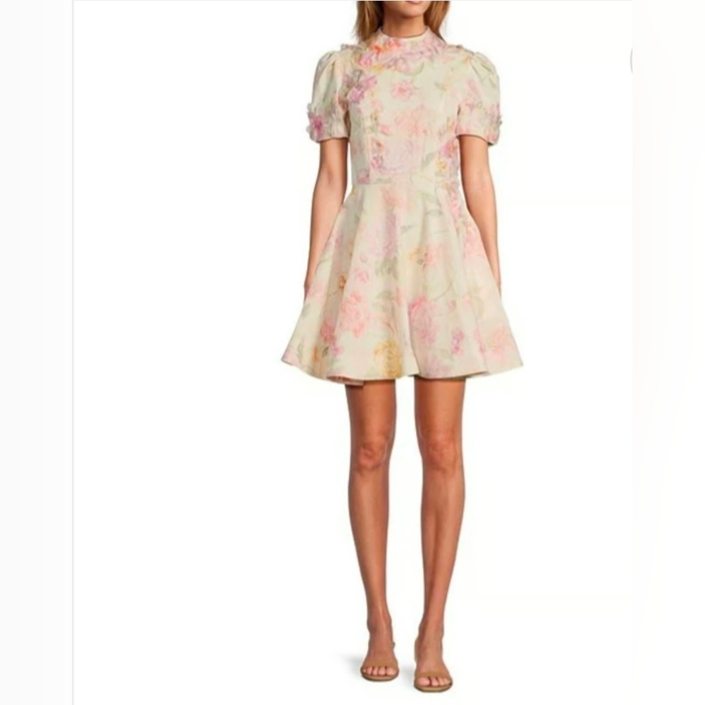 ANTONIO MELANI Iris Linen Floral Short Sleeve Mockneck Mini Dress: Ivory/Floral - Picture 14 of 15